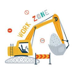 Print with cute yellow excavator in pastel colors with lettering Work zone. Illustration construction vehicle in flat style for kids. Vector