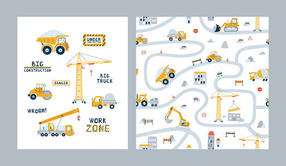 Fototapeta Set seamless patterns and print construction vehicles. Illustrations with yellow dump truck, crane and bulldozer for kid. Vector obraz