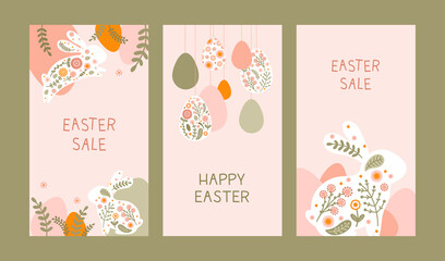 Set social media template with a silhouette holiday Easter eggs, rabbit and flowers in flat style. Illustration easter hare and eggs in pastel colors and space for your text. Vector - 505609079