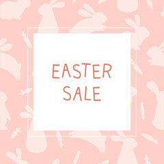 Sale templates with silhouette holiday Easter bunny and flowers in pastel colors. Illustration folklore cute hare in flat style and space for your text. Vector.