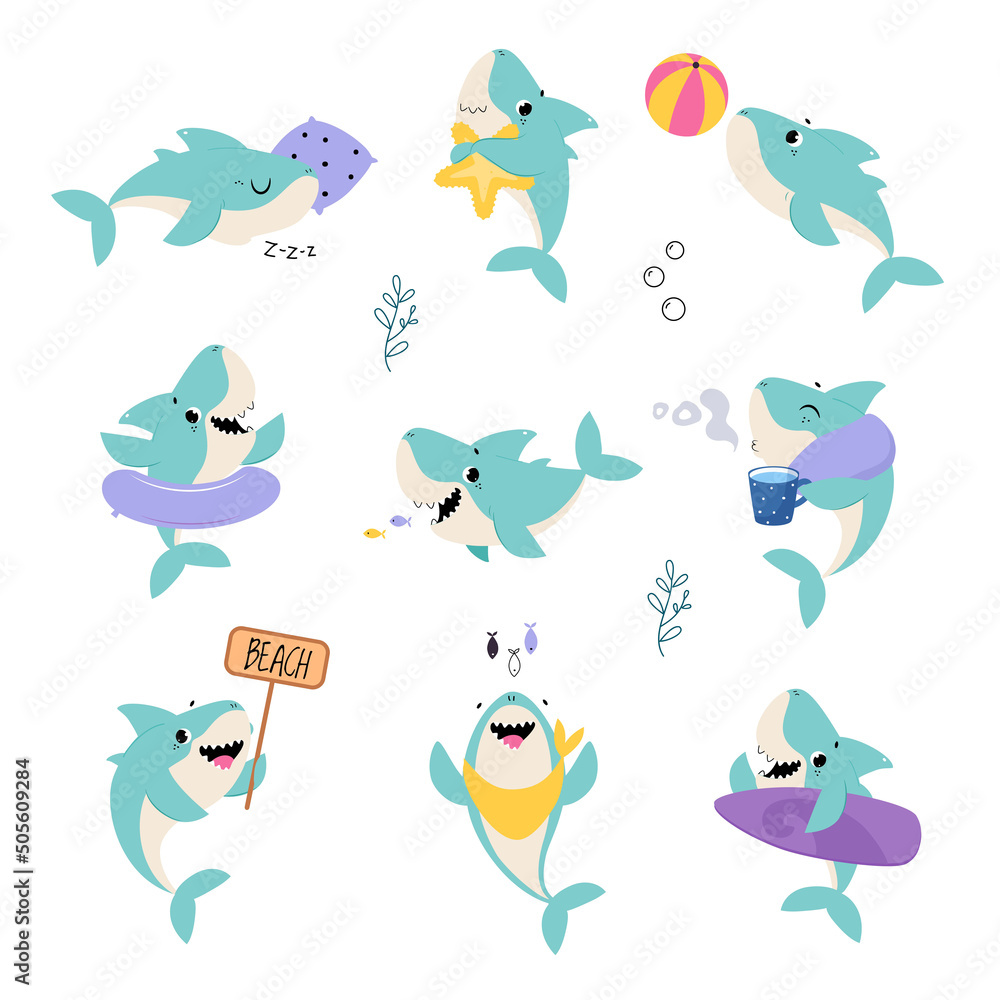 Canvas Prints comic blue shark as marine animal sleeping, playing ball and eating in the ocean vector set