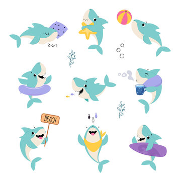 Comic Blue Shark as Marine Animal Sleeping, Playing Ball and Eating in the Ocean Vector Set