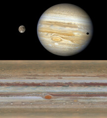 Planet Jupiter with the moon Ganymede on the left, and a flat representation of the atmosphere of...
