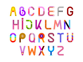 Decoratief lettertypeontwerp, letters met verschillende kleurrijke patronen geïsoleerd op een witte achtergrond. Elke letter staat op een aparte laag in het vector EPS-bestand.