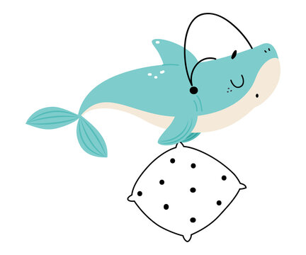 Comic Blue Shark with Pillow Wearing Night Cap Sleeping in the Ocean Vector Illustration