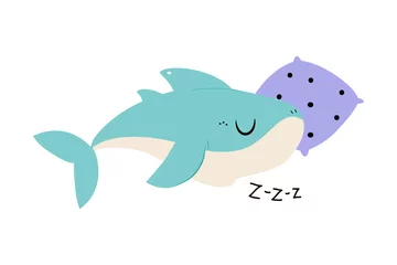 Schilderijen op glas Comic Blue Shark as Marine Animal Sleeping on Pillow in the Ocean Vector Illustration © topvectors