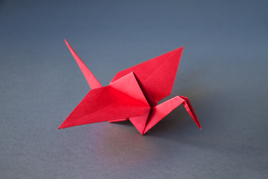 Red paper crane origami isolated on a grey background