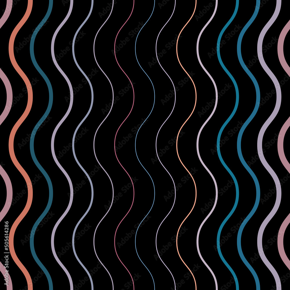 Poster Black seamless repeat pattern with vertical wavy stripes, colorful lines
