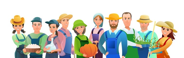 Man and woman and children villager farmer in overalls. Agricultural worker. Cheerful person. Standing pose. Cartoon comic style. Illustration isolated white background. Vector