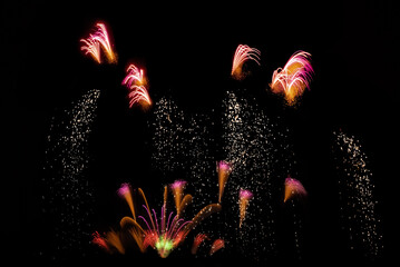 Pink, yellow, white, brown, orange fireworks.  Resembles flowers and Vegas