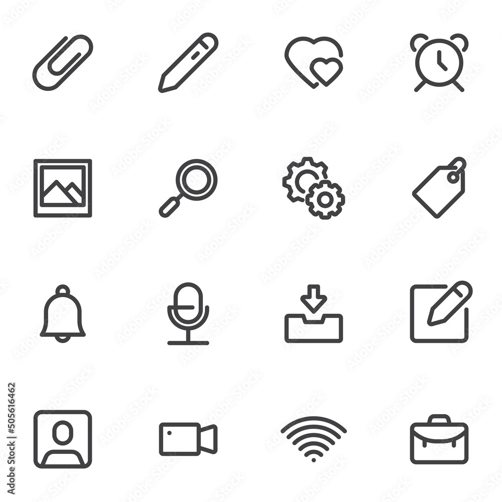 Poster mobile phone and web ui line icons set