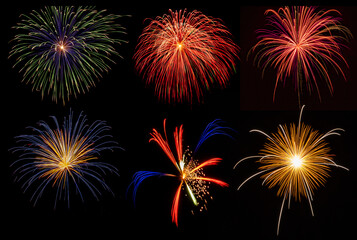 Multiple individual  firework displays on a black background