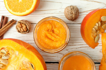 Concept of tasty food, pumpkin jam, top view