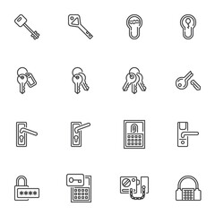 Key lock and door handle line icons set