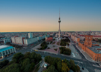 Aerial drone view of Alexanderplatz in Berlin, classical meeting place and tourist point in...