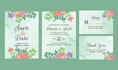 Wedding invitation card set with spring watercolor flower bouquet 