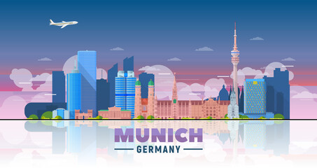Munich ( Germany ) skyline with panorama in sky background. Vector Illustration. Business travel and tourism concept with modern buildings. Image for presentation, banner, web site. - obrazy, fototapety, plakaty