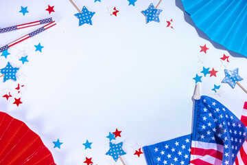 Obraz premium 4 july independence day greeting card background with star confetti, American flags, festive decor, ribbon. USA Independence Day, American Labor day, Memorial Day, US election concept.