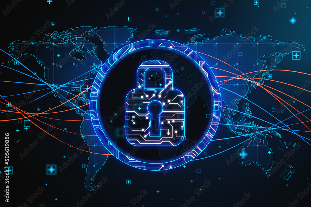 Aufkleber Blockchain and digital money security concept with glowing digital lock sign in a circle on abstract wallpaper with world map scheme. 3D rendering