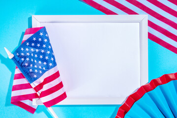 4 july independence day greeting card background with star confetti, American flags, festive decor,...