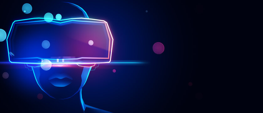 Mockup dark wallpaper with space for your text and digital human head silhouette in glowing virtual reality headset and blurred dots. 3D rendering, mock up