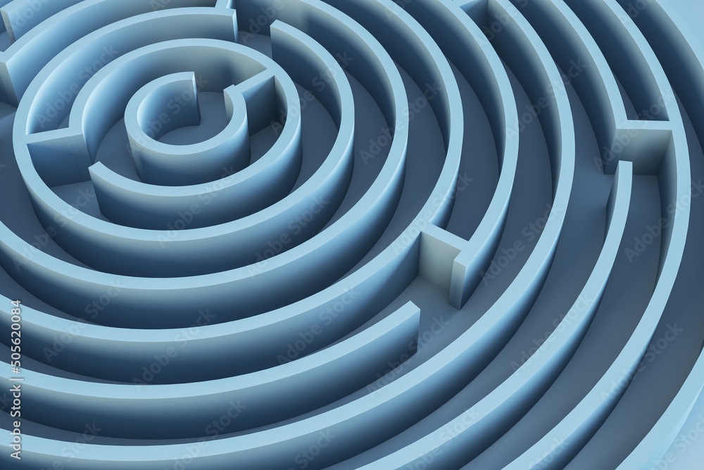 Aufkleber Finding the right way concept with blue round maze. 3D rendering