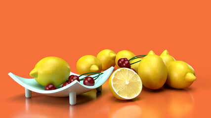 3d render lemons and cherrys on orange background with reflect fruit food