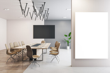Light designer meeting room interior with furniture, empty mock up presentation frame and daylight. 3D Rendering.