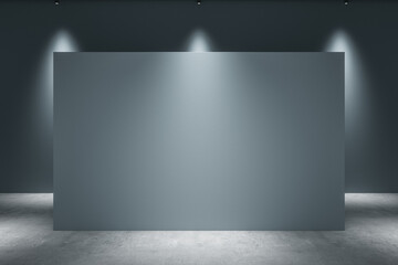 Bright concrete gallery interior with lights and mock up place on wall. Exhibition concept. 3D Rendering.