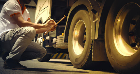 Auto Mechanic is Checking the Truck's Safety Maintenance Checklist. Inspection Safety of Semi Truck...
