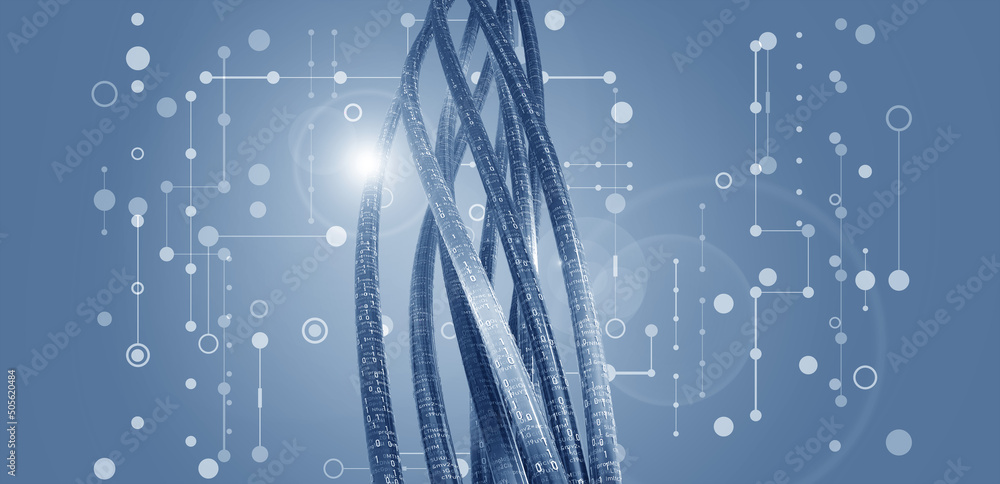 Poster Concept of metaverse. High speed internet connection. Encoded data stream 3D illustration. Big data analytics. Protected databases. Structured cyberspace of individual digital archives