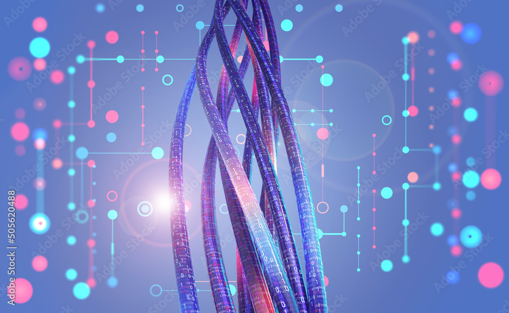 Poster Concept of metaverse. Information in digital coded streams. 3D illustration of interlaced beams of data code. Cyber field of bright high-tech solutions