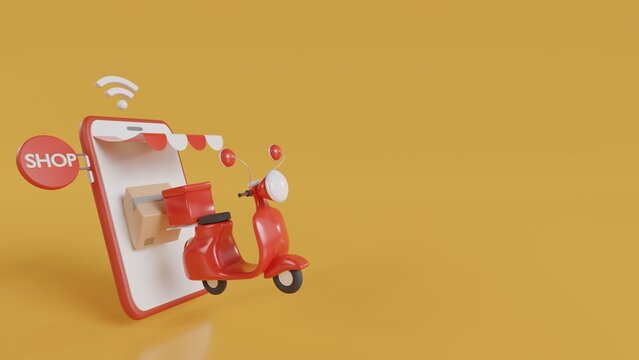 Fast delivery by scooter on mobile. E-commerce concept. Webpage, app design. Red Scooter on Yellow background. 3d illustration.