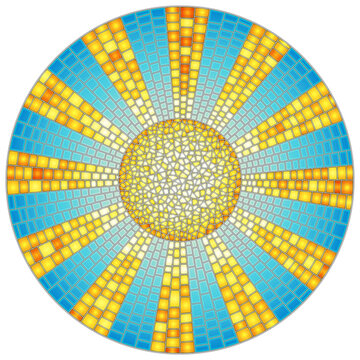 Illustration in stained glass style with abstract celestial landscape, sun with rays against the sky,  round image