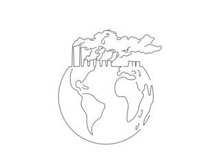 Global warming and climate change concept in line art drawing style. Composition of polluting emissions from a factory. Black linear sketch isolated on white background. Vector illustration design. - obrazy, fototapety, plakaty