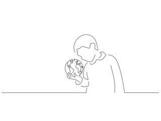 Ecology and climate change concept in line art drawing style. Composition of a kid holding an earth globe. Black linear sketch isolated on white background. Vector illustration design.