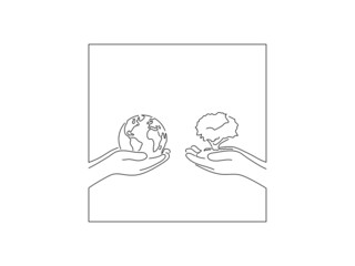 Ecology and climate change concept in line art drawing style. Composition of hands holding an earth globe and a tree. Black linear sketch isolated on white background. Vector illustration design.