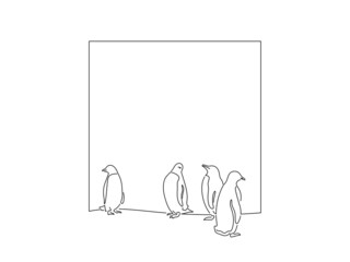 Global warming and climate change concept in line art drawing style. Composition of penguins surviving. Black linear sketch isolated on white background. Vector illustration design. © 1494