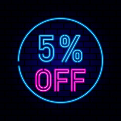 5 percent SALE glowing neon lamp sign. Vector illustration.