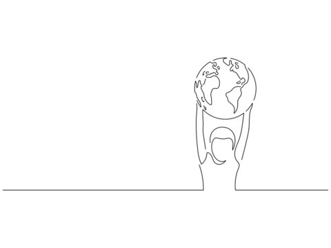 Ecology and climate change concept in line art drawing style. Composition of a kid holding an earth globe. Black linear sketch isolated on white background. Vector illustration design.