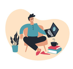 Online work. Work from home. A man with a laptop. Education. People and business. Vector image.
