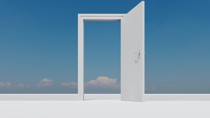 Open door outdoors with blue sky view 3d render