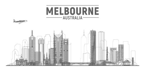 Naklejka premium Melbourne Australia skyline vector illustration. White background with city panorama. Travel picture. Image for Presentation Banner Placard and Web Site.
