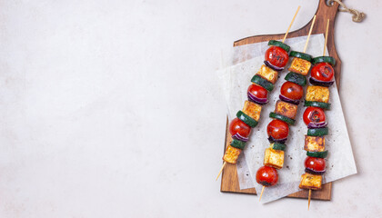 Grilled skewers with halloumi cheese, zucchini, tomatoes and onions. Kebab. Healthy eating....