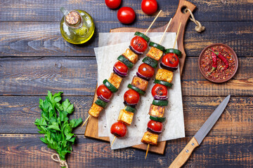 Grilled skewers with halloumi cheese, zucchini, tomatoes and onions. Kebab. Healthy eating....