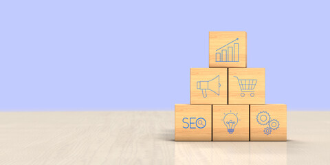 Concept of business strategy and action plan. Marketing Plan - Wooden Cube Blocks with Marketing Icons. SEO