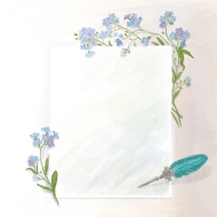 -square paper and floral frame illustration- Paper placed on the table with light blue florets and a pen with feathers
for greetings, fashion, background, weeding.