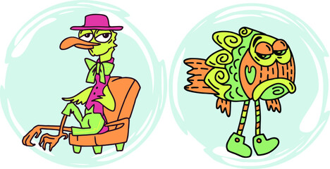 Sat cartoon humanized characters non-existent fish and albatross.
