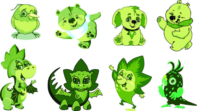 Cartoon humanized green creatures can be a logo or a mascot.