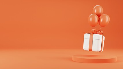 3d rendering of promotion sale with orange podium gifts, shopping bag and balloon on minimal orange background.